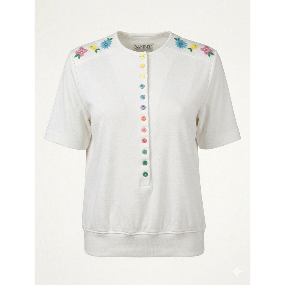 Sanibel Floral Embroidery Colorful Buttons White Top Women M Cottage Retro 80s